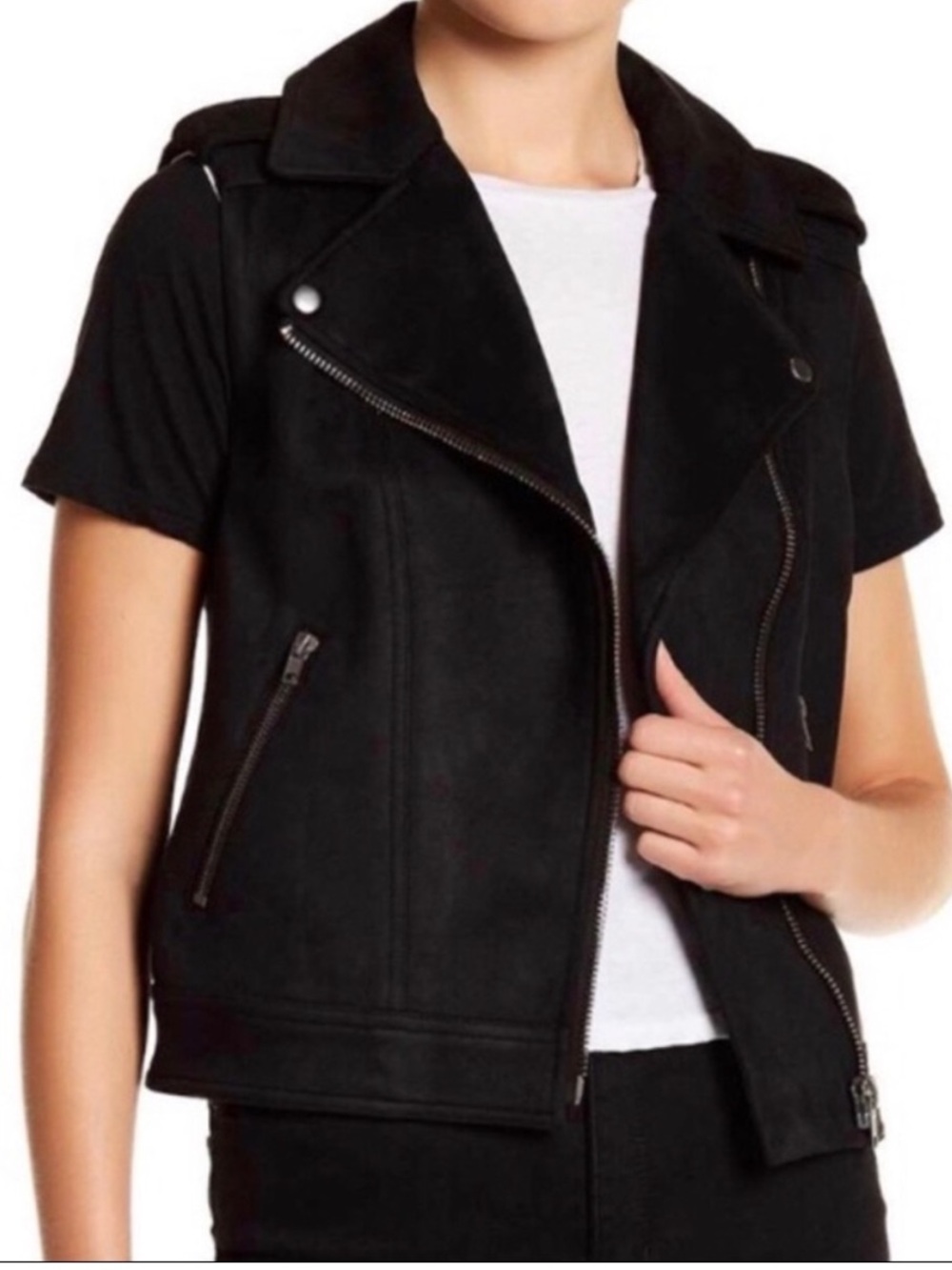 Philosophy Women’s size Large Black Faux Suede Leather Moto Zip Vest New